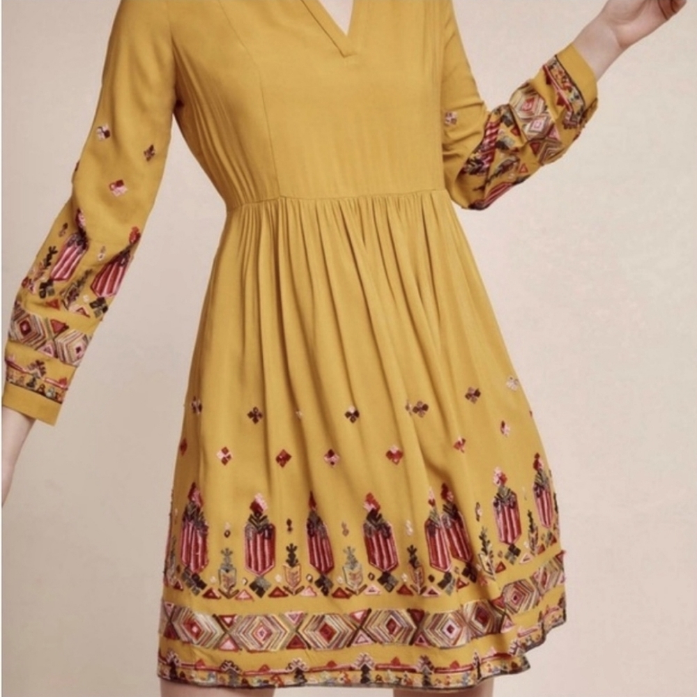 Anthropologie Mustard Yellow Embroidered Border Long-Sleeve Dress - Picture 9 of 11
